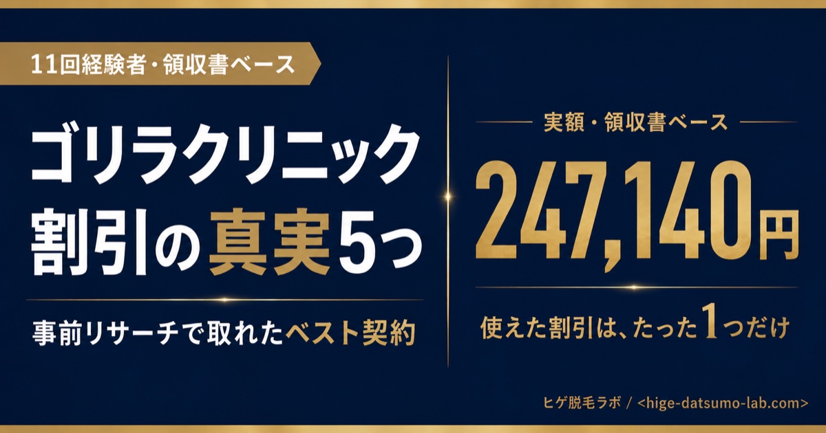 ゴリラクリニック割引の真実5つ｜18回247,140円契約者が事前リサーチで取れたベスト契約｜ヒゲ脱毛ラボ