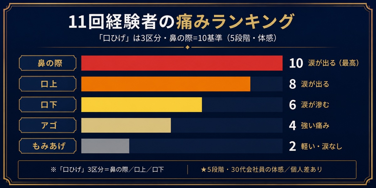11回経験者の痛みランキング｜口ひげ3区分・鼻の際=10基準