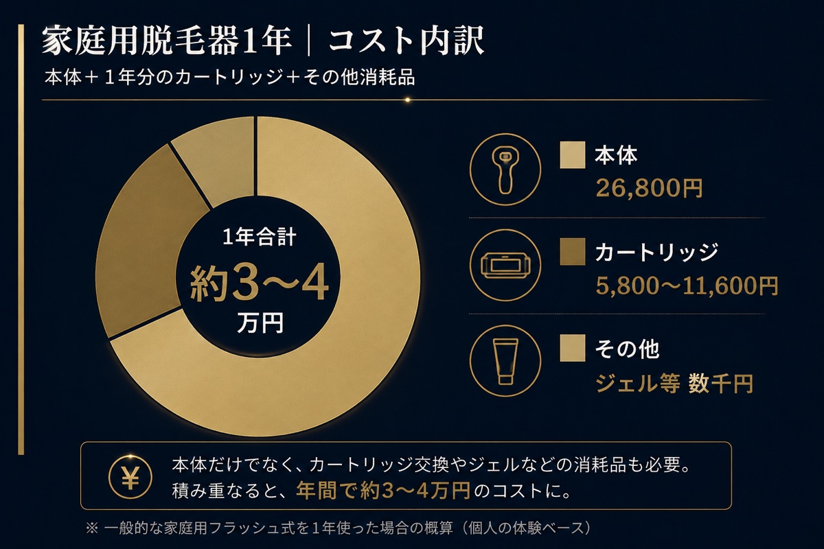 家庭用脱毛器1年コスト内訳:本体26,800円+カートリッジ5,800〜11,600円+その他
