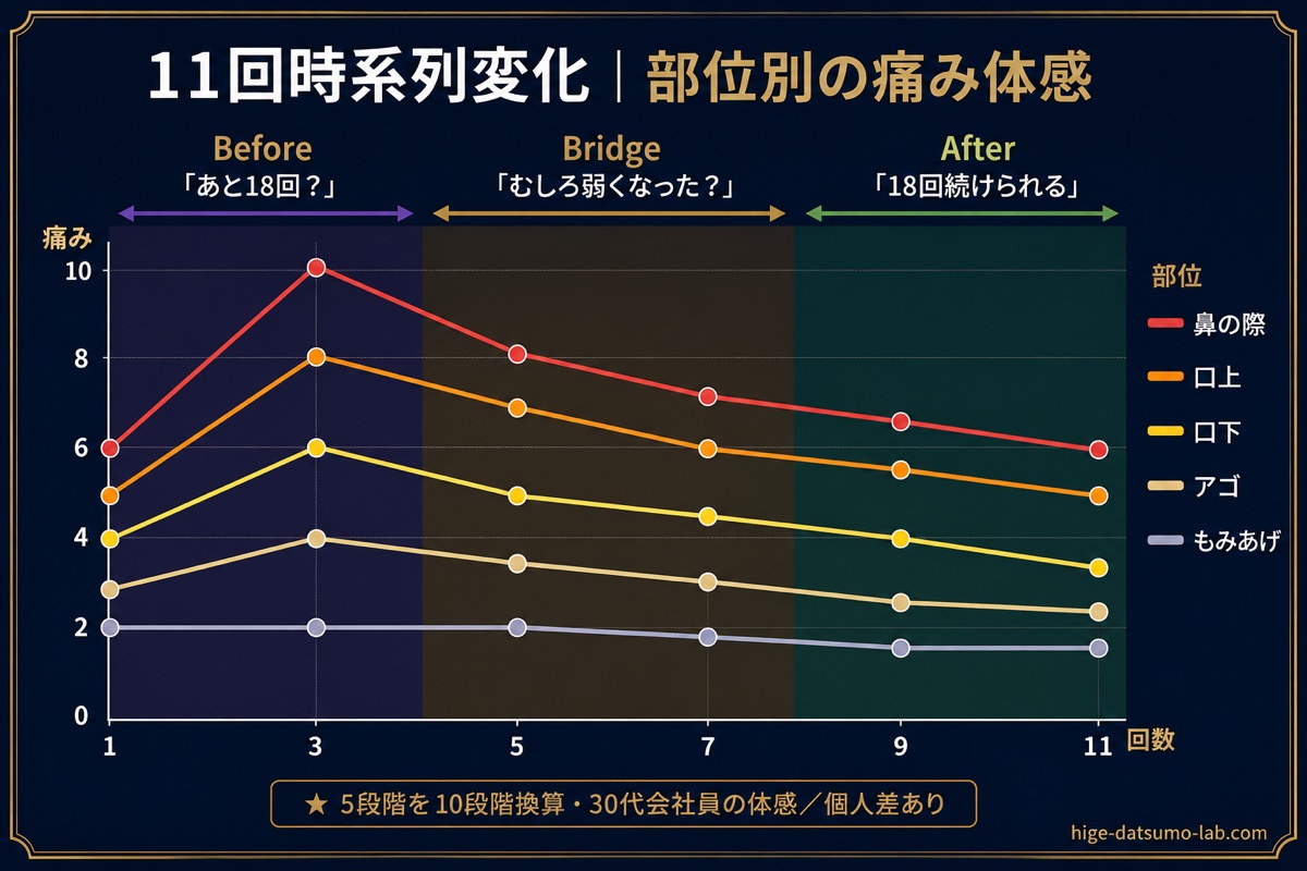 11回時系列変化グラフ｜部位別の痛み体感の推移